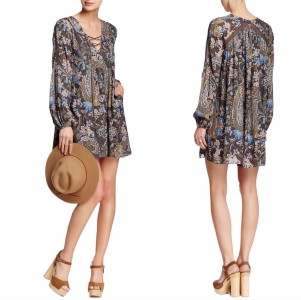 Free People Rain or Shine Paisley Boho Mini Dress Long Sleeve